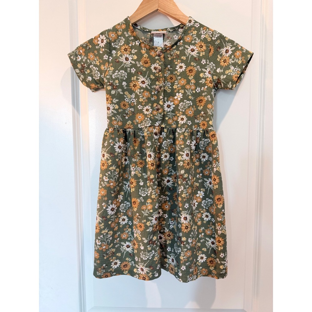 Little Lass Girls Olive Green Floral Daisy Button Front Dress Size 8